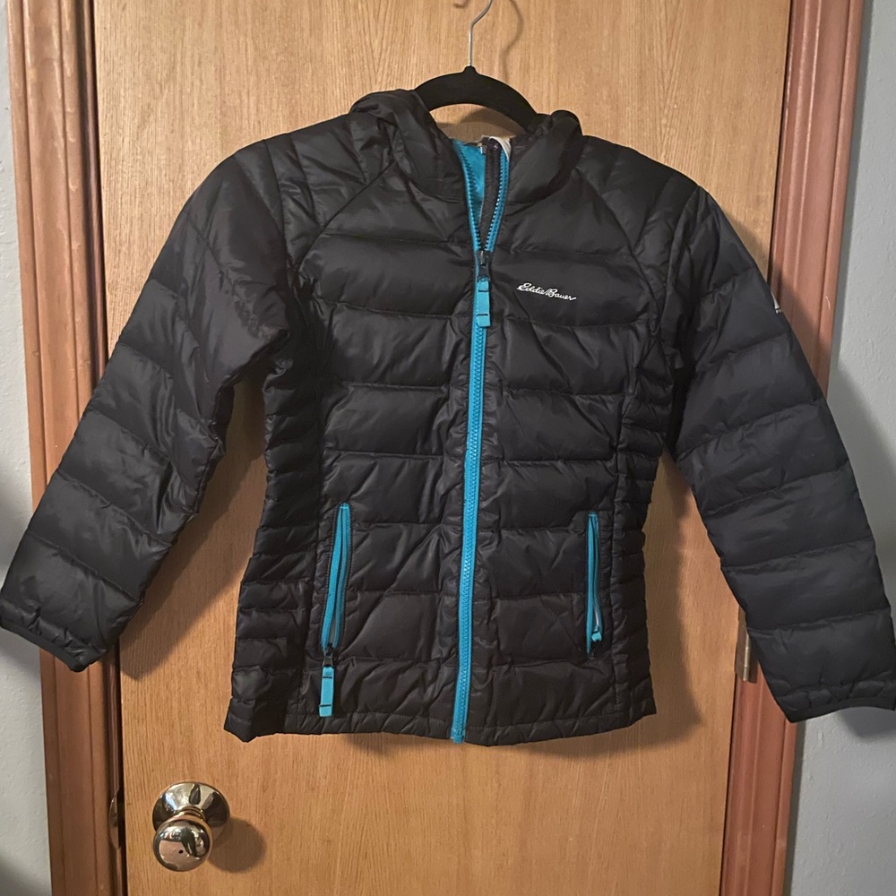Eddie Bauer Girls Black Puffer Jacket with Blue Accents